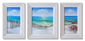 Bicycle, Beach and Dock Triptych Painting by David K. Griffin - dkgriffinart
